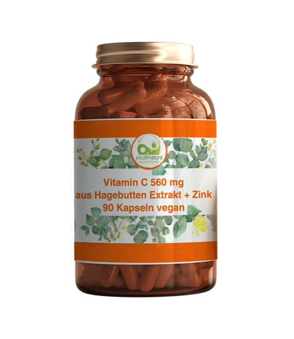Vitamin C 1000 mg 90 Kapseln aus Hagebutten Extrakt + Zink vegan