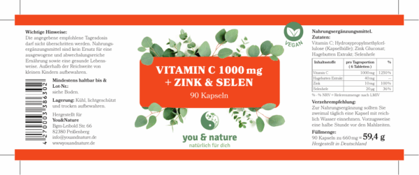 Vitamin C 1000 mg 90 Kapseln aus Hagebutten Extrakt + Zink vegan – Bild 4
