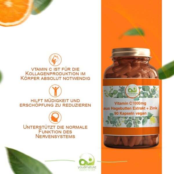 Vitamin C 1000 mg 90 Kapseln aus Hagebutten Extrakt + Zink vegan – Bild 2