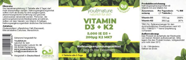 Vitamin D3 5.000 I.E. + Vitamin K2 200 mcg - 180 Tabletten – Bild 5