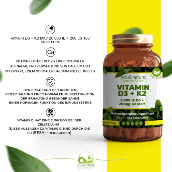 Vitamin D3 5.000 I.E. + Vitamin K2 200 mcg - 180 Tabletten – Bild 3